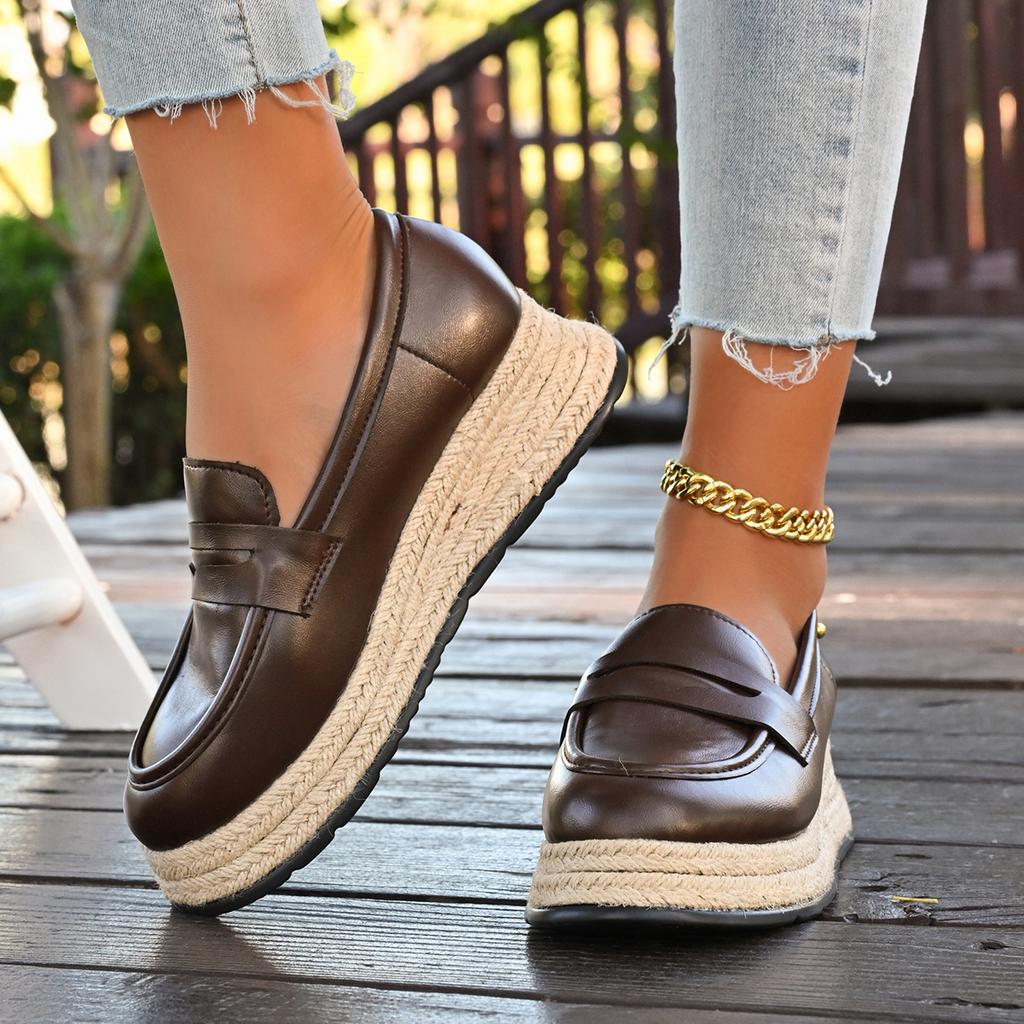 Women's Penny Loafers Brown Leather Thick-soled Straw Woven Shoes Fashion Platform Wedges Heels Female Casual Slip-on High Heels