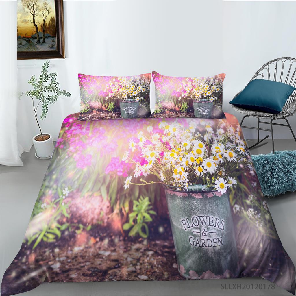3D-Bettwäsche mit kleinem Gänseblümchenmuster, Einzelbett, Doppelbett, volle Größe, Pflanzen-Chrysanthemen-Muster, Kissenbezug und Bettbezug, 2 oder 3 bequeme Heimdekoration