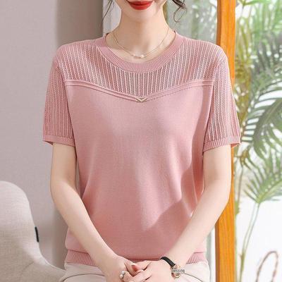 Women's Casual Slim Fit Hollow Knit T-shirt with Short Sleeves - Comfortable Mother's Wear