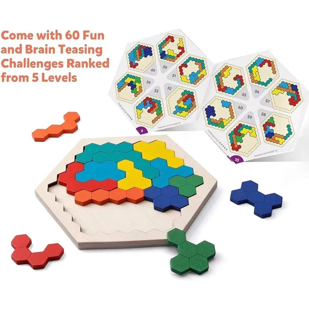 3D Hexagonal Wooden Puzzles Educational Toys For Children Kids Preschool Tangram Board Brain Test Game Montessori Toys Gifts