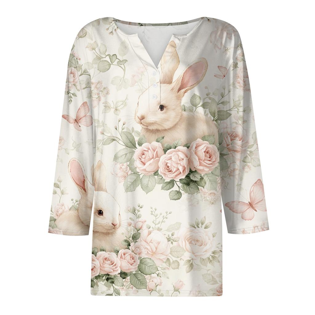 Women's Fashion Casual Easter Printed V-neck Short Sleeve Decorative Button Seven Sleeve T-shirt Top