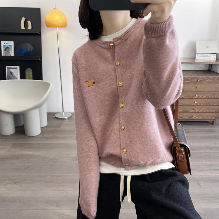 2024 Spring Women's Wool Cardigan - Round Neck with Little Horse Embroidery.
