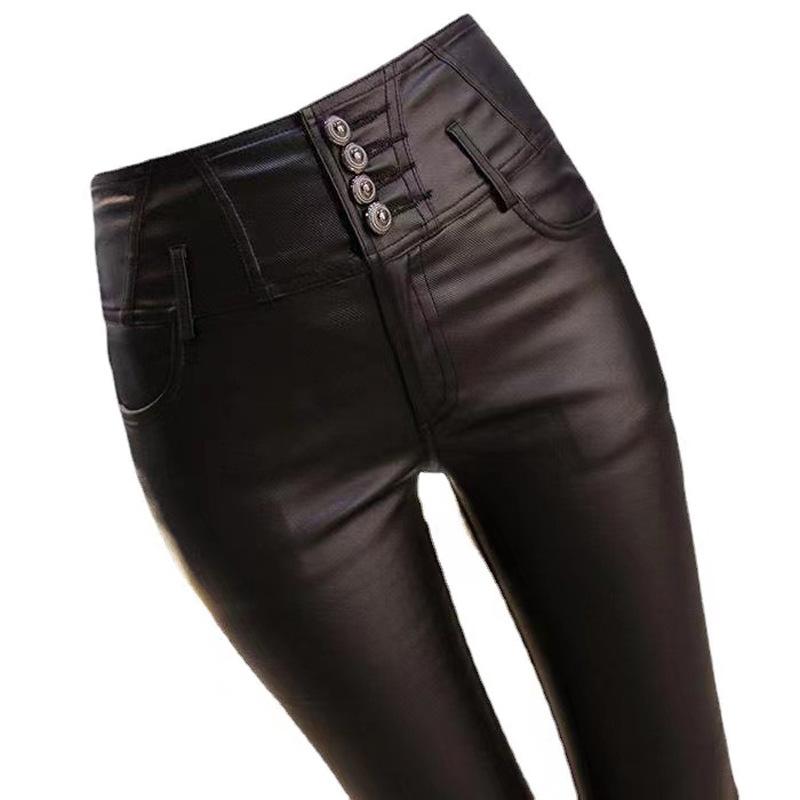 Women's Winter Outer Black High Waisted and Plush PU Tight Fitting Small Foot Leather Pants