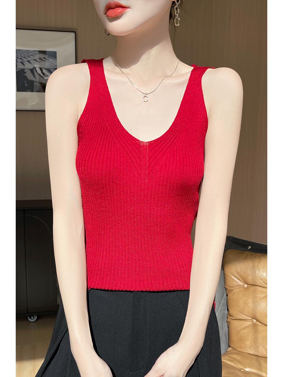 

Камизоль с V-образным вырезом, вязаный из шерсти в рубчик - Безрукавное весенне-осеннее нижнее белье M вишня/красный