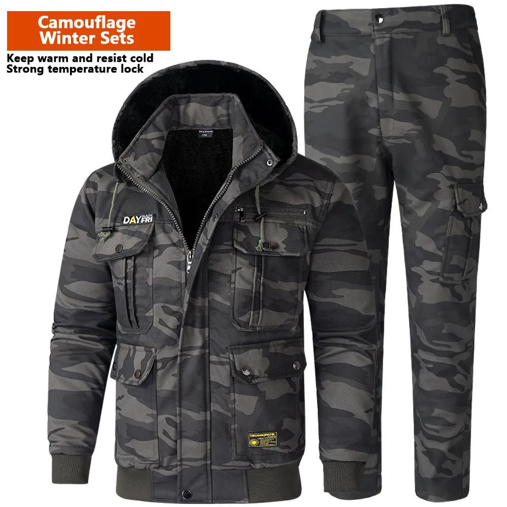 Men's Sets Winter Jackets and Pants Thicken Fluff Lining Warm Puffer Jacket Outdoor Pants Windproof Climbing 2 Pcs