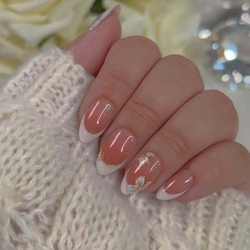 24pcs Long Almond Fake Nails French White Edge Press On Nails Manicure False Nails  Women