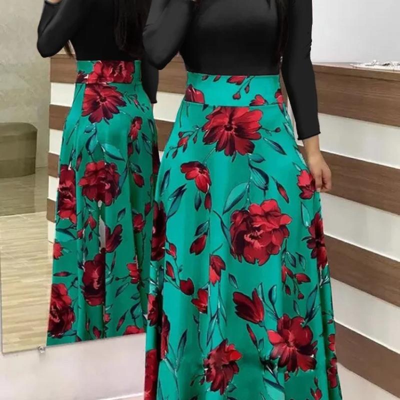 2024 European and American style flower print color matching short sleeved dress for women's large swing skirt