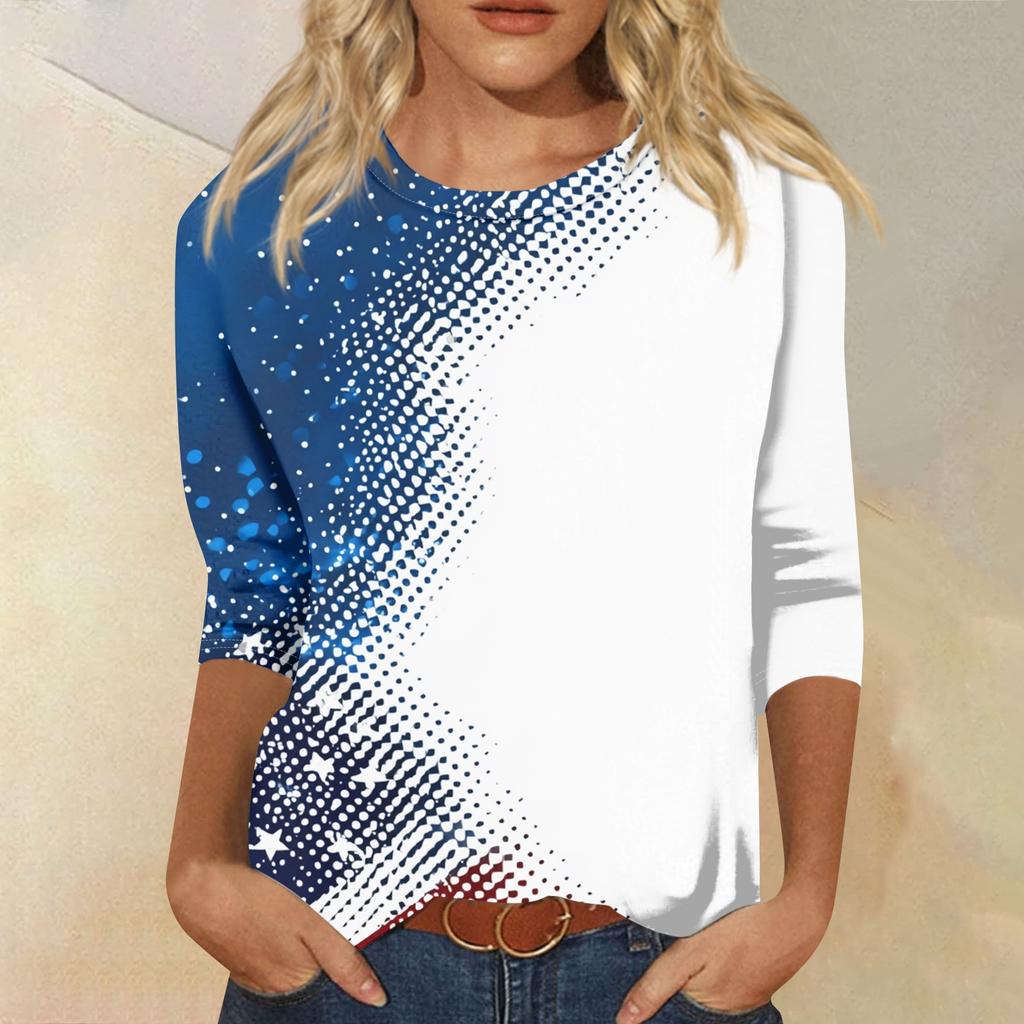 Damenmode Lässiges Oberteil mit Sieben-Viertel-Ärmeln, Unabhängigkeitstag-Print, Rundhalsausschnitt