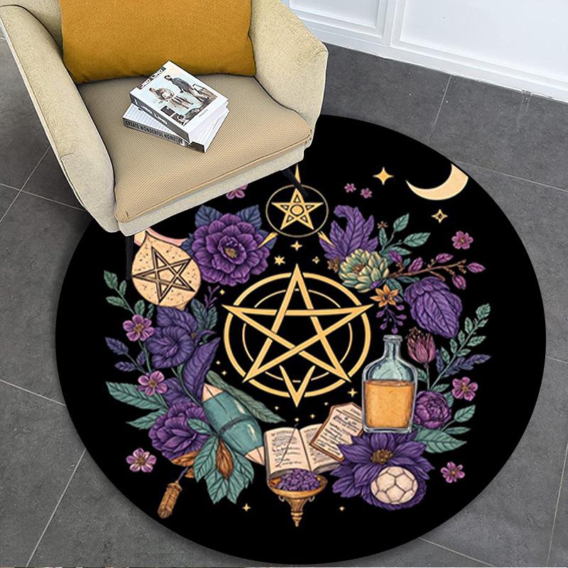 Floral Moon Phase Circular Rug - Office Decorative Carpet For Living Room Bedroom Door Mat Floor Rug Computer Chair Area Rug