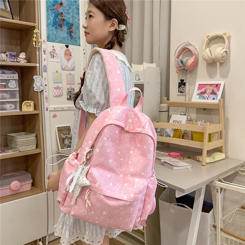 Navy Blue Star Print School Backpack with Frt Pocket Side Drawstrings Adjustable Straps Casual Daypack