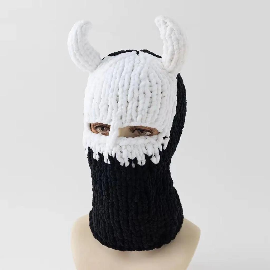 Y2K Winter Warm Knitted Beanie Hat With Long Rabbit Ear Funny Balaclava Ski Mask Cap Handmade Skullies For Halloween Party