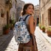 Ethnic Style Blue Elephant Canvas Backpack With Expandable Capacity For Travel And School Use