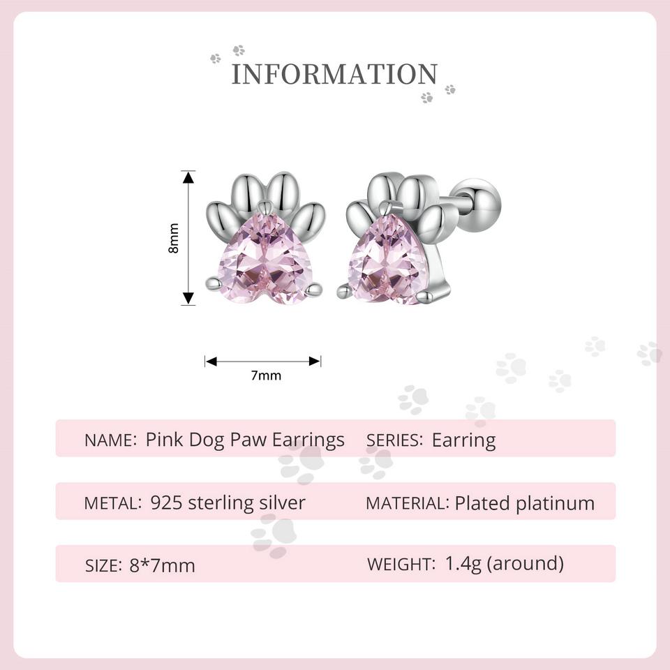 WOSTU 925 Sterling Silver Pink Zircon Pet Dog Paw Stud Earrings For Women Lovely Heart Zircon Ear Studs Birthday Jewelry Gift