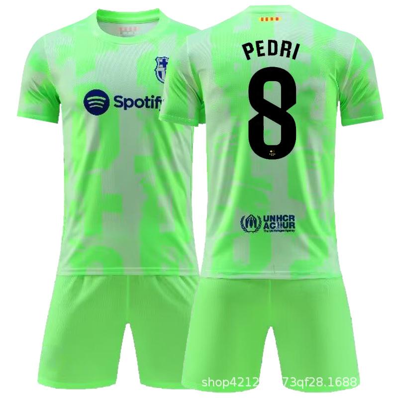 Barcelona Away Football Jersey Set: No. 9 Lewandowski, No. 6 Gavi, No. 10 Messi, Quick-Dry, Size 8.