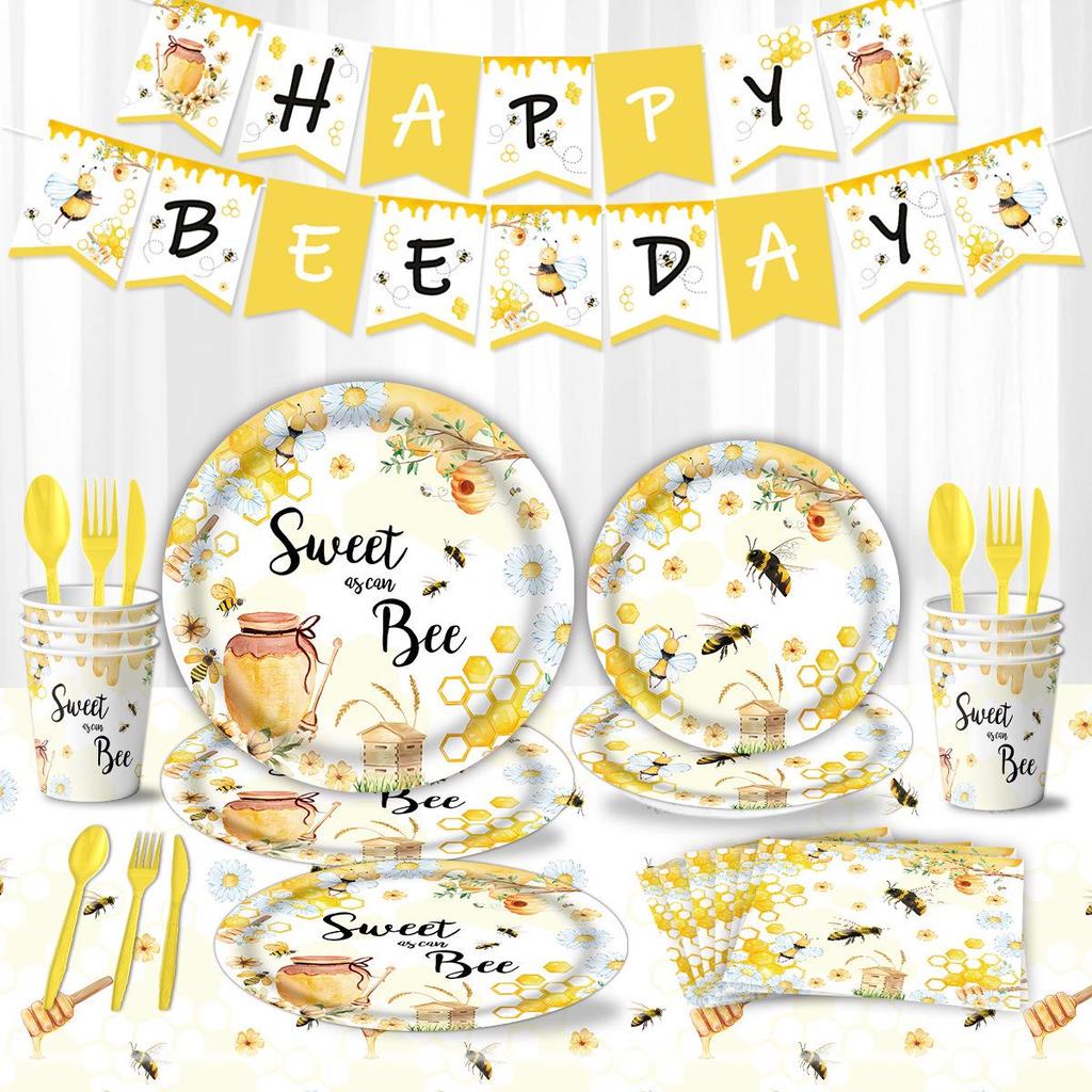 Spring Bee-Themed Birthday Party Disposable Tableware Set: Tablecloth, Napkins, Plates, Decorations.