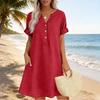 Summer European and American new fashion casual short-sleeved dress V-neck button pocket solid color shirt dress