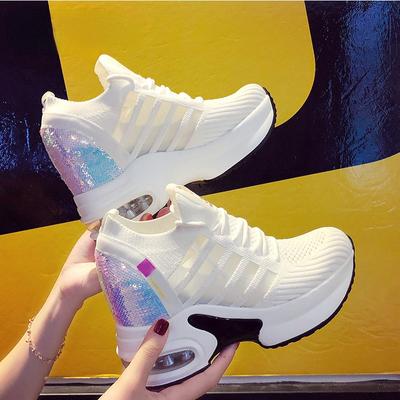 Ladies Sneakers Spring Sequin Casual Women's Platform High Heels Wedge Heel Heightening Knitted Ladies Vulcanized Shoes 2024