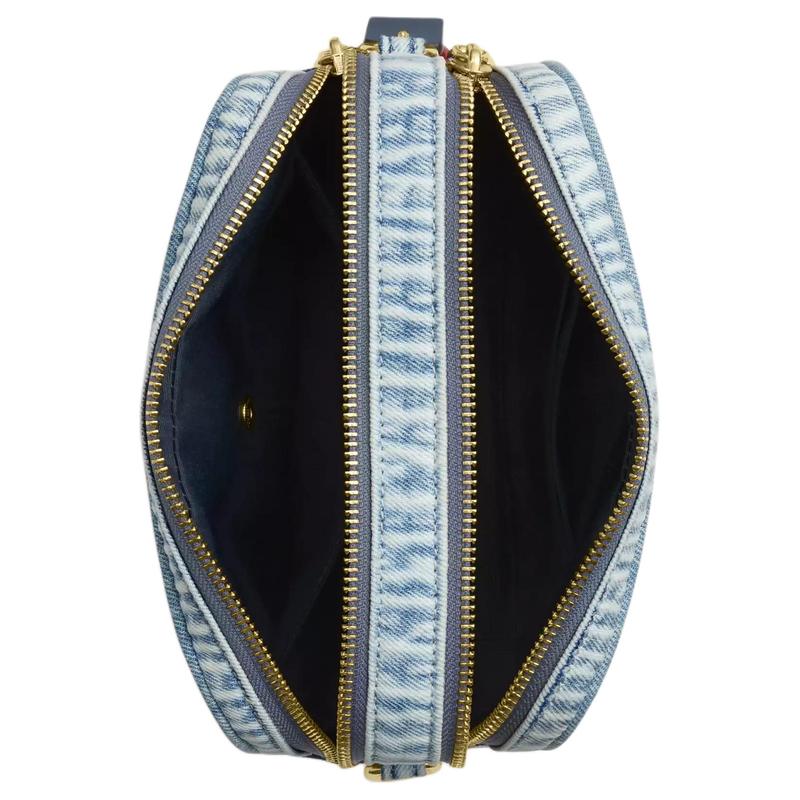 COACH Carey 18 Cherry Charm Contrast Leather Brand Metal Accessories Denim and Smooth Leather Shoulder Bag Small Women's Gold and Light Indigo
