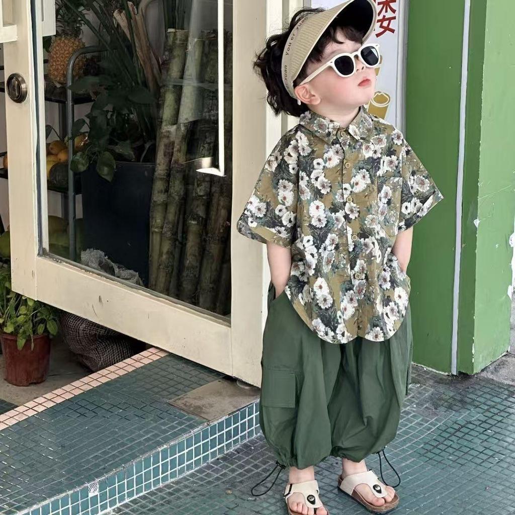 Boys' Retro Floral Short Sleeve Summer Set – Trendy Korean Style Two-Piece 2025