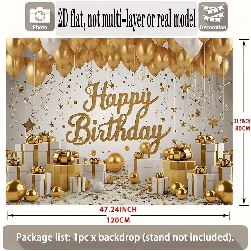 

2D White Gold Happy Birthday Party Backdrop Birthday Photo Booth Background for Birthday Celebration 47.2x31.5inch/120*80cm