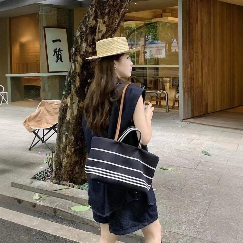 Medieval striped casual tote bag commuter bag versatile canvas bag contrasting color PU simple large-capacity denim bag tide
