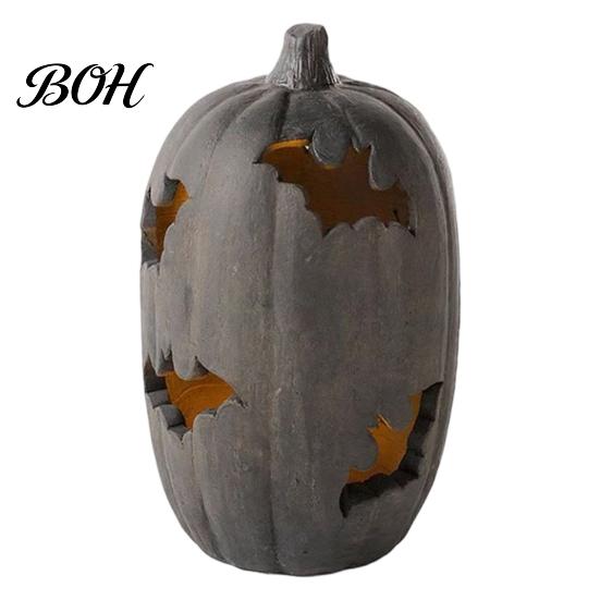 Decorative Yard Figurines Halloween Pumpkin Resin Figurine, Bat Hollow Out Lantern with Atmospheric Night Lighting Warm Light, Spooky Indoor