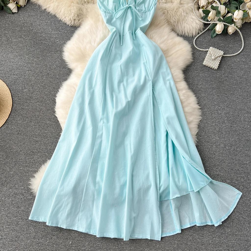 Scheming Hanging Neck Dress Sexy V-neck Slim fit Long over-the-Knee Split Suspender Dress Trip Shoot Holiday Sle Dress