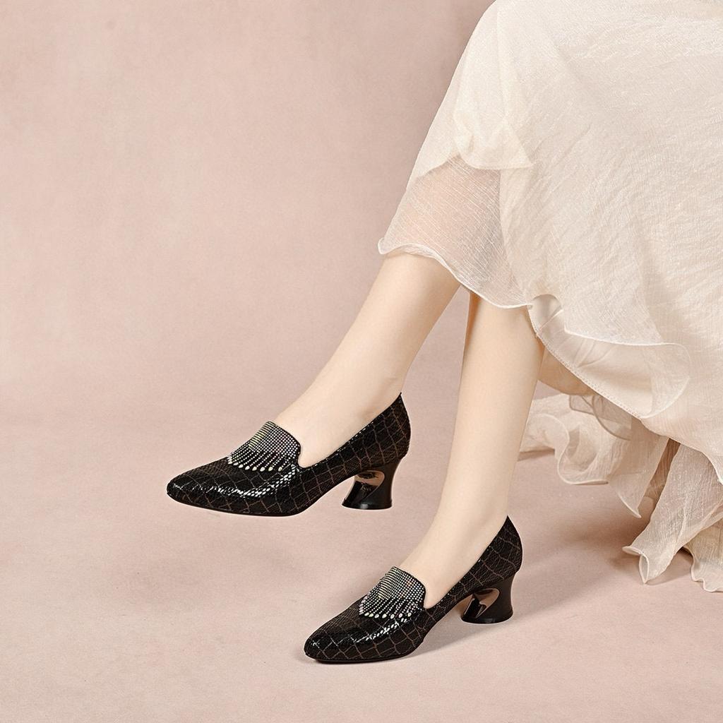 Pointed High Heels Women's 2025 Thick Heel Deep Mouth Fringed Hot Diamond Single Shoes Light Luxury Banquet Shoes Designer Fashion Shoes