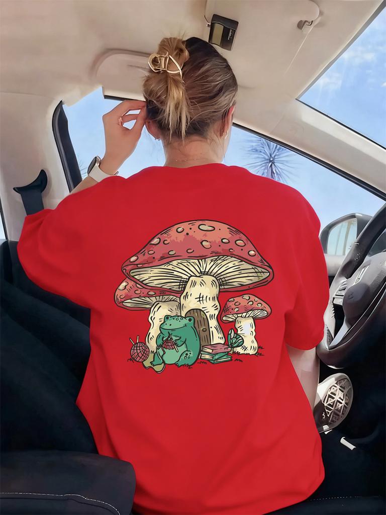 Frog Under Mushroom Printing TShirt Womens Basics Loose T Shirts ONeck Soft Short Sleeve Tops Summer Comfortable Woman Clothes