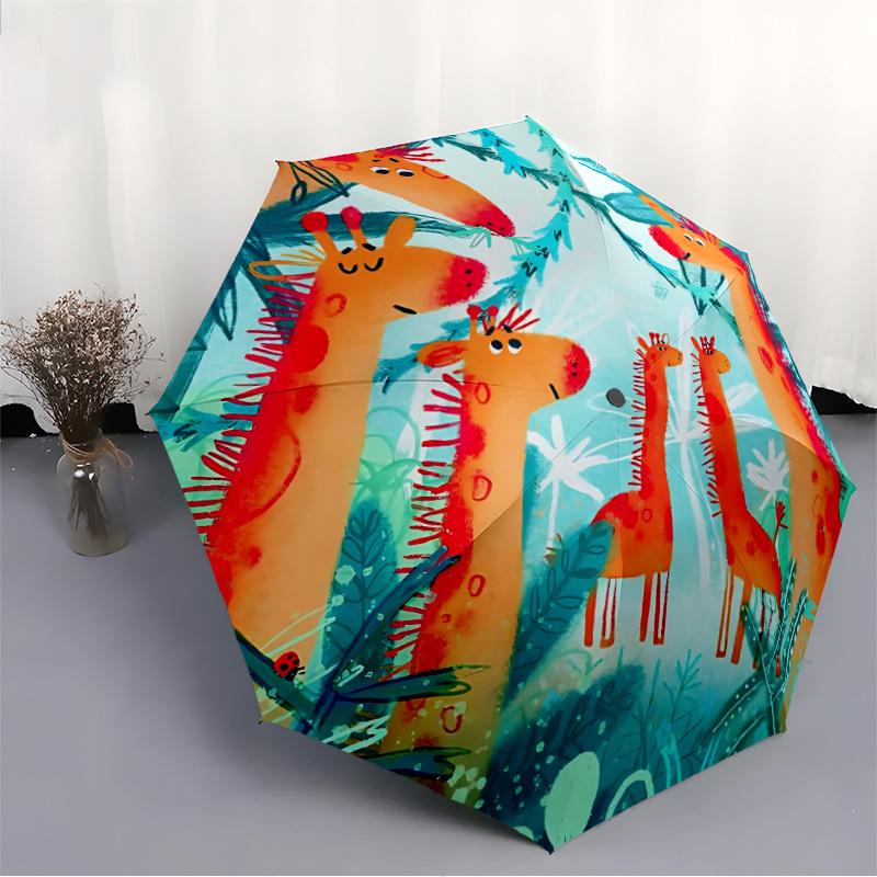 1pc Giraffe Forest Automatic Open/Close Umbrella with Folding Feature Compact Travel Umbrella, Lightweight Design, for Commuting001