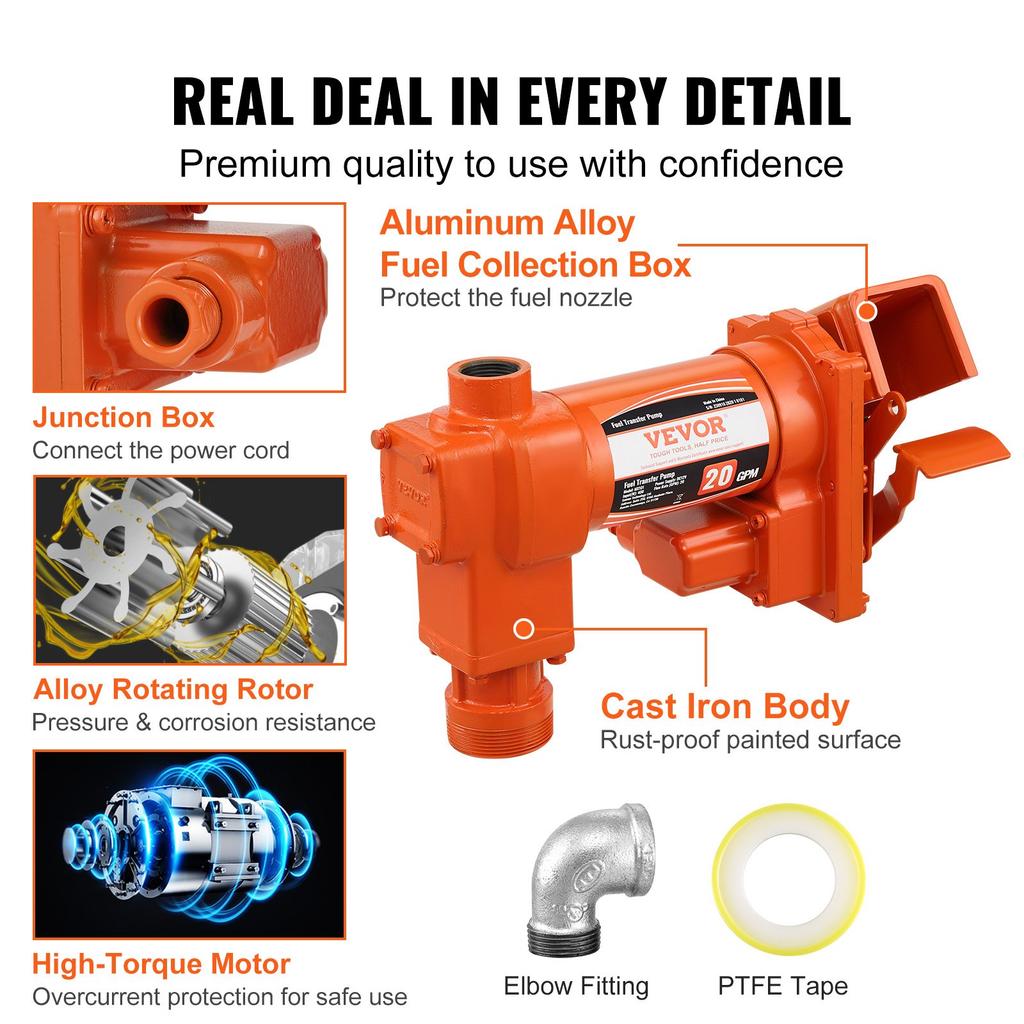 VEVOR Fuel Transfer Pump, 12V DC 20 GPM 1/4 HP, High Flow Cast Iron Gasoline Extractor Pump with Fuel Collection Box Design for Gasoline, Diesel