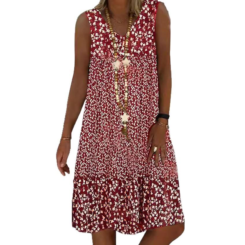 Summer New European And American Style Women'S Clothing V-Neck Small Floral Print Sleeveless Women'S Dress