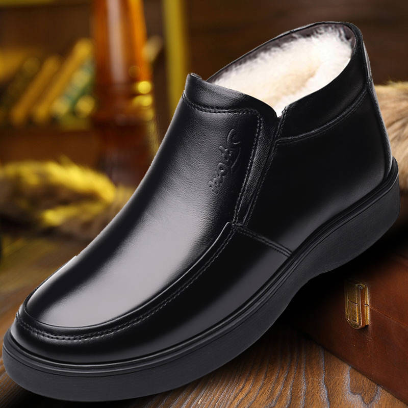 Men's Cotton Shoes Velvet Cotton Leather Shoes Leather Non-slip Dad Shoes Thickened Middle-aged and Elderly Wool Winter Shoes Warm Elderly Shoes