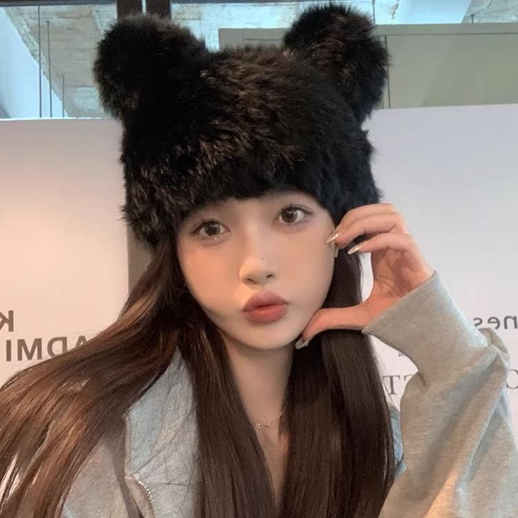 Mickey Ears Rabbit Hair Hat Women's Autumn and Winter Thickened Cold-proof Warm Baotou Hat Plush Fur Cute Headscarf Hat