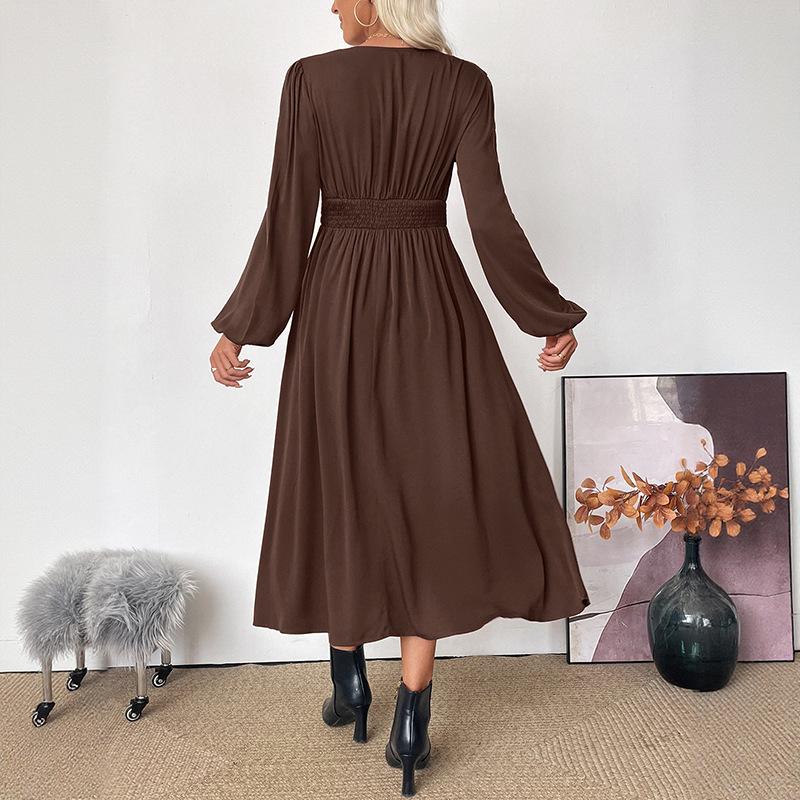 Women's V Neck Dress Autumn Winter Solid Color Fit and Flare Silhouette Pullover