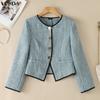 VONDA Women Elegant Long Sleeve O Neck Contrast Trim Peplum Blazer Cardigan