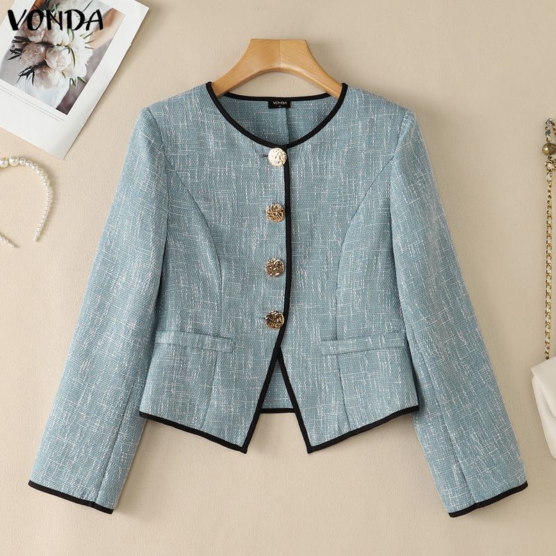 VONDA Women Elegant Long Sleeve O Neck Contrast Trim Peplum Blazer Cardigan