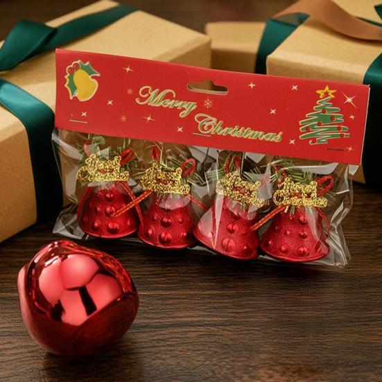 Thickened Electroplated Bell Christmas Ornament with Red Ribbon Bow, Small Jingle Gift Box Accessory Tree Hanging Decoration for Tree, Garland,