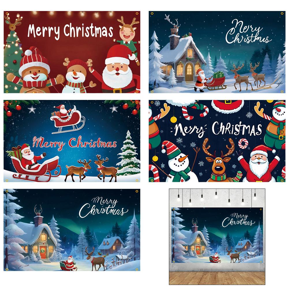 Large Outdoor Christmas Banner with Santa Claus and Snowman Design for Yard Decoration and Photo Background Polyester Material