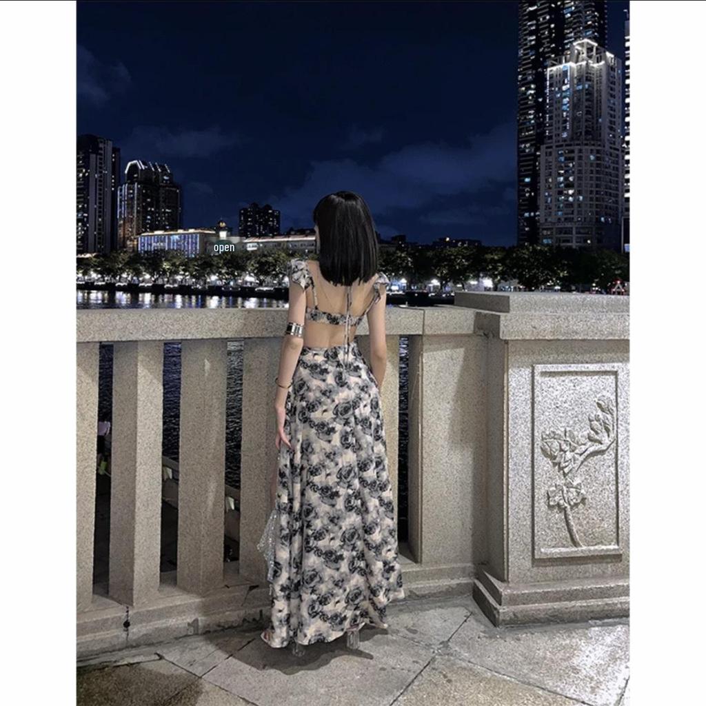 Rose Print Halter Neck Dress with Bra Pad and High Slit