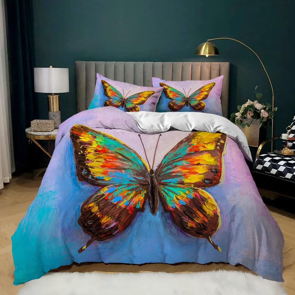 Bettbezug-Set mit Schmetterlingen, Kingsize, blau-lila Schmetterlinge, bedruckt, Bettbezug-Set für Mädchen und Kinder, Bettbezug und Kissenbezüge