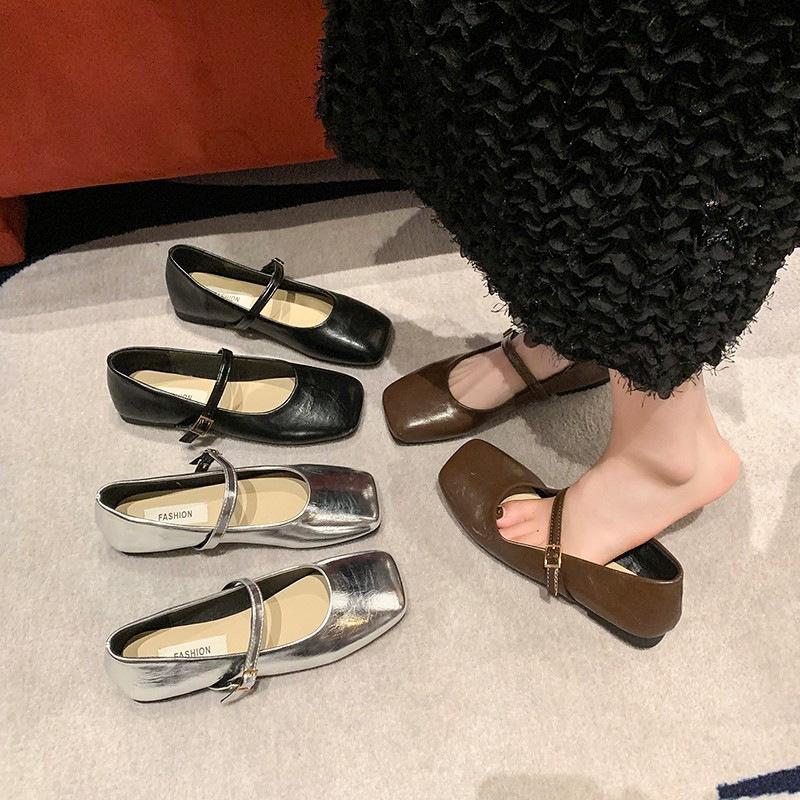 Retro square head shallow mouth single shoes women's spring new casual soft flat Mary Jane shoes