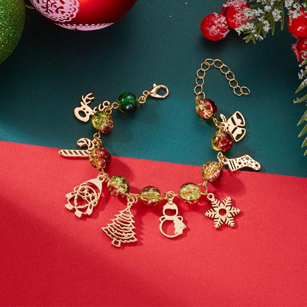 Christmas Snowflake Tree Santa Claus Snowman Reindeer Bell Resin Star Crystal Beads Bracelet For Women Men New Year Holiday Gift