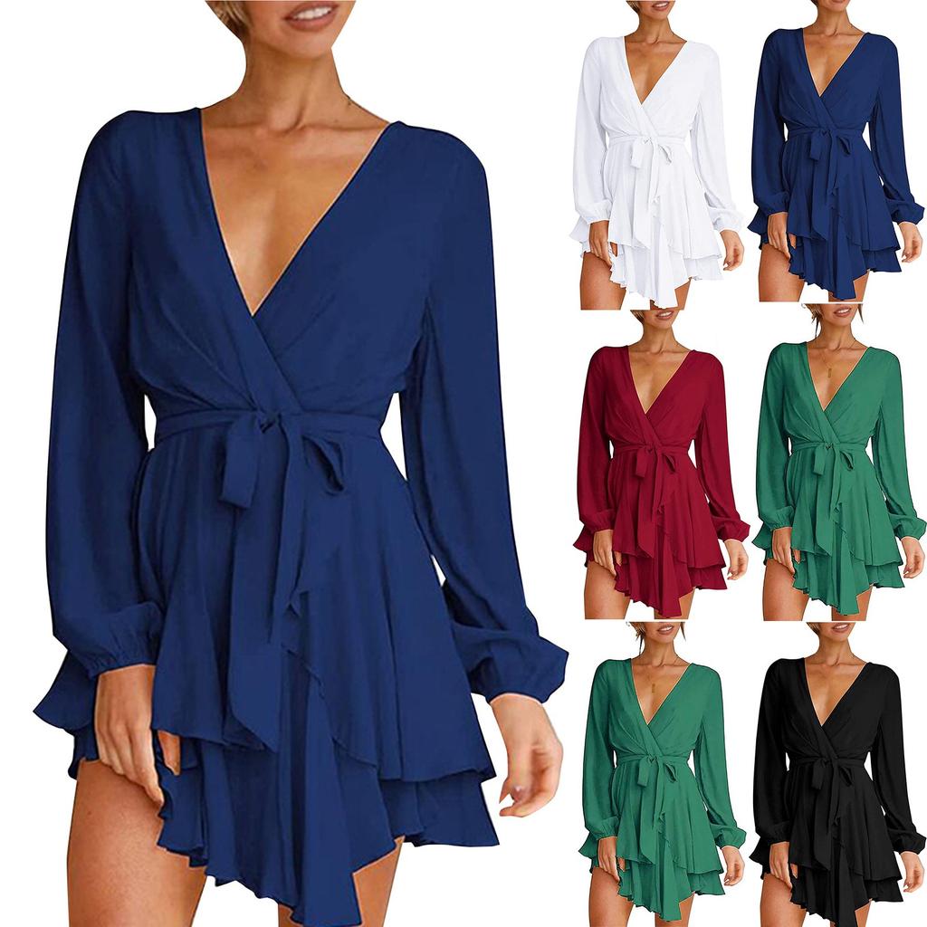 Women's Casual Fashion Solid Color Loose Long Sleeves Pocket Shirt Dress