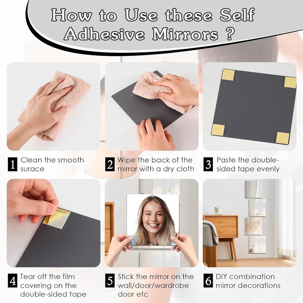 4 Pack Shatterproof Acrylic Mirrors Tiles Self Adhesive Wall Mirror Stickers Unbreakable Plastic Full Length Mirror Sheets Decors for Home Bathroom