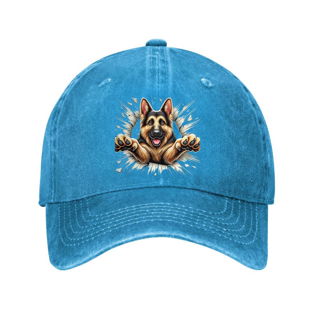 German Shepherd Bursting Through Graphic Baseball Cap Distressed Cotton Adjustable Casual Hat for Adults