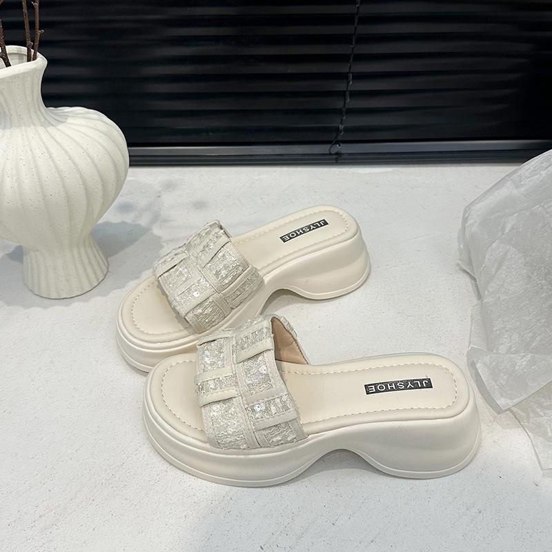 Muffin Platform Sandals Women Wear 2025 Summer New High-end French Sequins Versatile Internet Celebrity Word Sandals