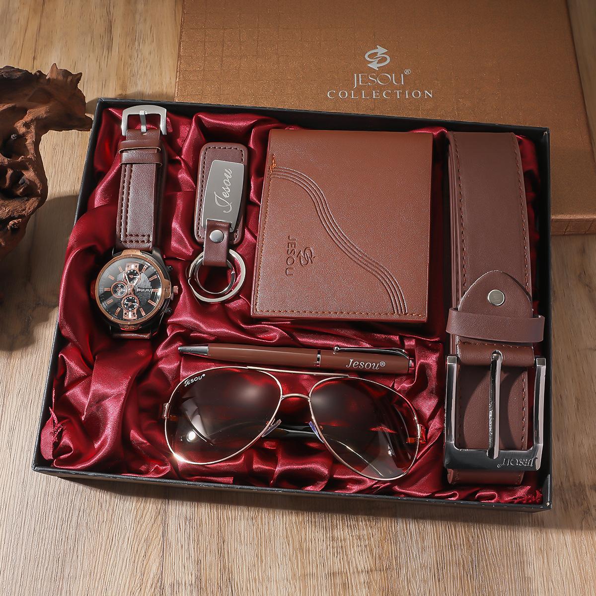 Mode Luxus Geschenk Business Box Gürtel Geldbörse Brille 5er Set Leder Armbanduhr Quarz Herrenuhren Set für Herren Mens style braun