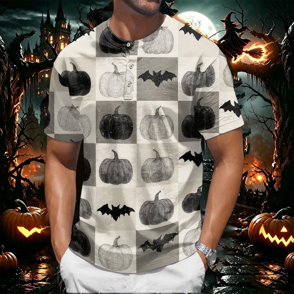 Men's Halloween Print Short Sleeve Henley Shirt Casual Round Neck Tee with Button Detail Suitable for Seasonal Wear