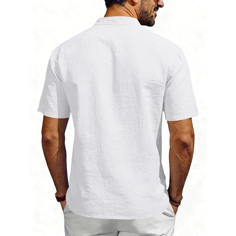 Men's New American Style Summer Henley V-Neck T-Shirt, Loose Breathable Linen Casual Commute Short Sleeve Tee